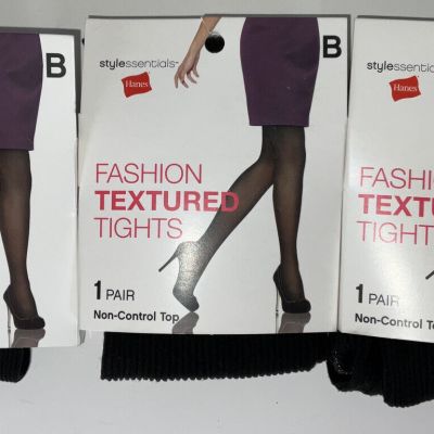 NIP Lot 3 Pairs Hanes Stylessentials Fashion Textured Tights Black Size B